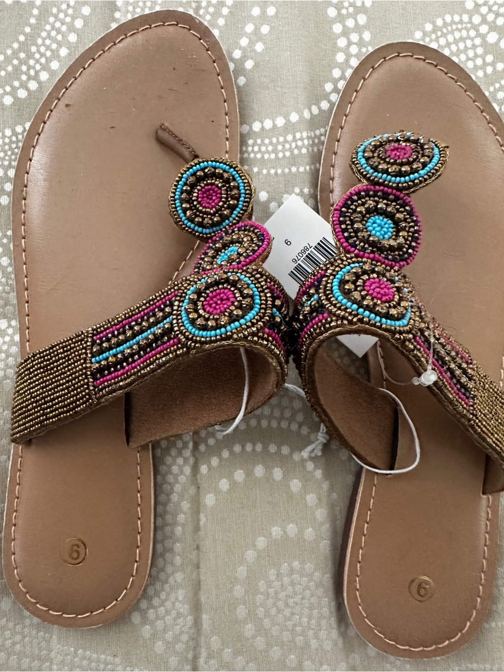 New Beaded Tan Sandals with Pink & Turquoise Accents - Women
